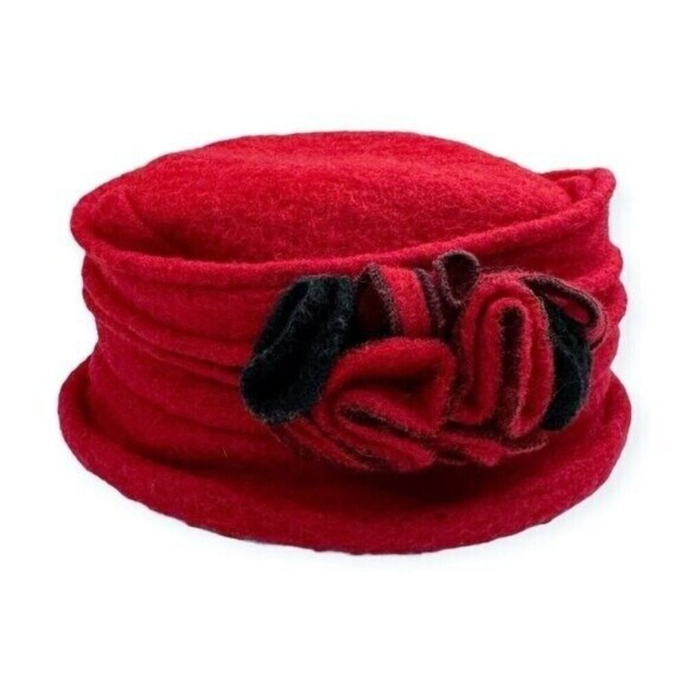 Platania Italy Ladies Red Wool Felt Cloche‎ Hat Vintage Big Flower Downton Abbey